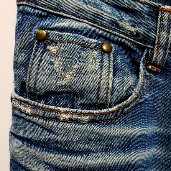 Thinuni Jeans  Denim Distressed Red Plaid Back  Pockets S-25 - Picture 6 of 11